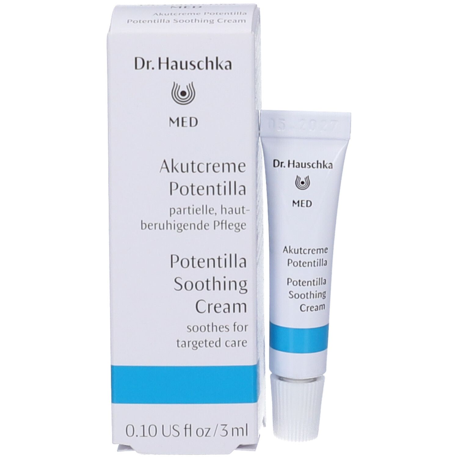 Prodotto e confezione. Scatola bianca con tubo. Scritte: Dr. Hauschka, MED, Akutcreme Potentilla, Soothing Cream.