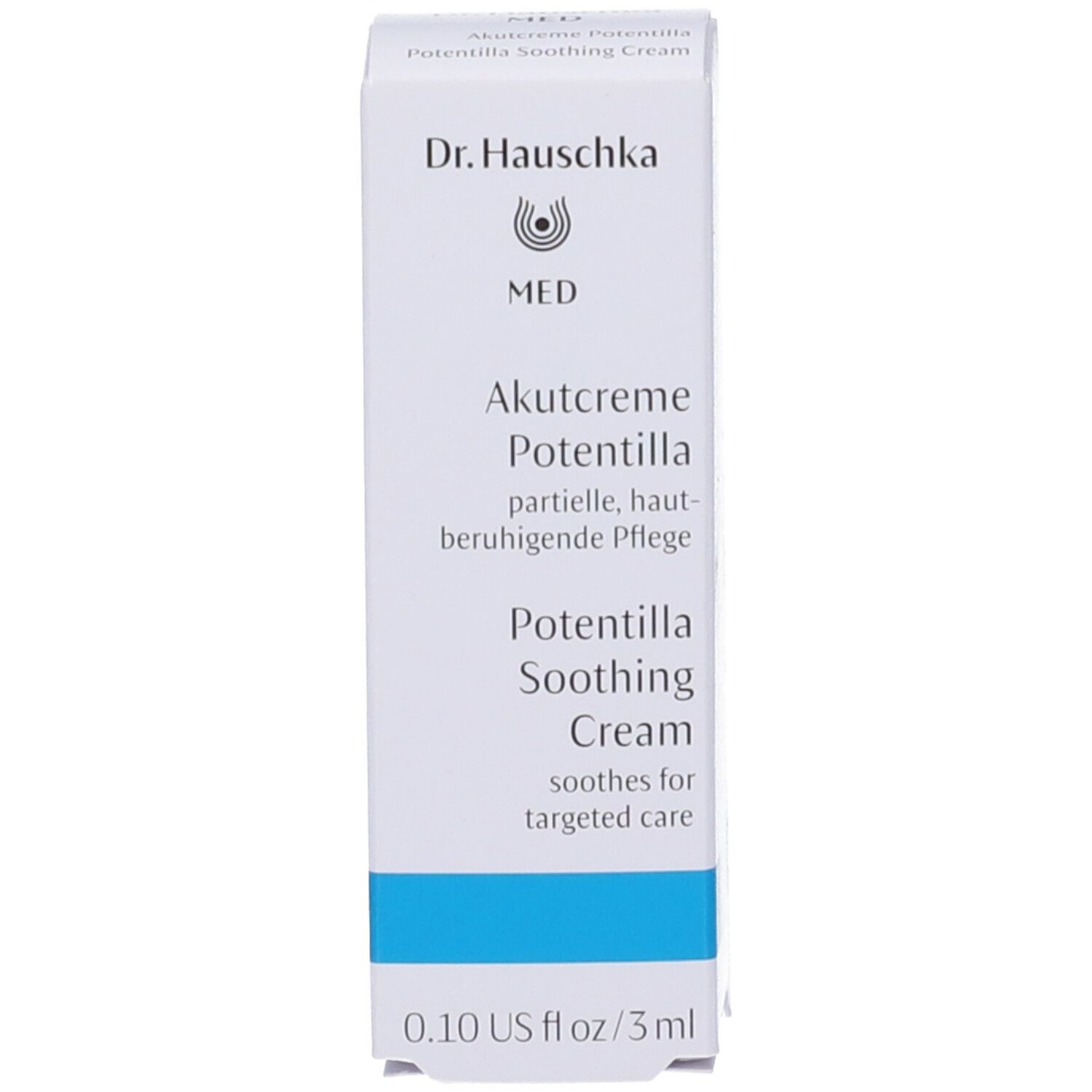 Scatola bianca con scritte: Dr. Hauschka, MED, Akutcreme Potentilla, Soothing Cream, 0.10 US fl oz / 3 ml.