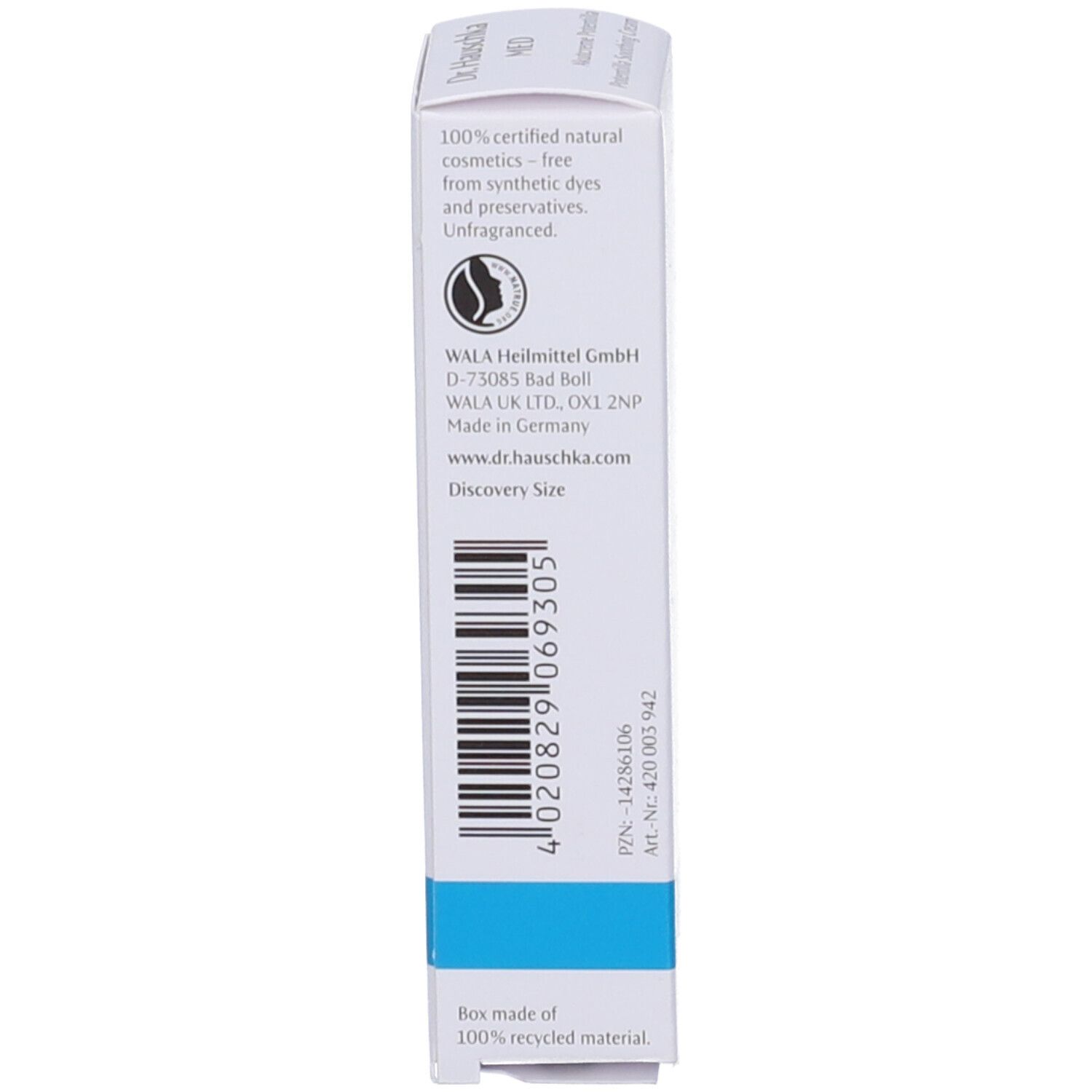 Lato della scatola. Scritte: 100% cosmetici naturali, WALA Heilmittel GmbH, Made in Germany, Discovery Size.