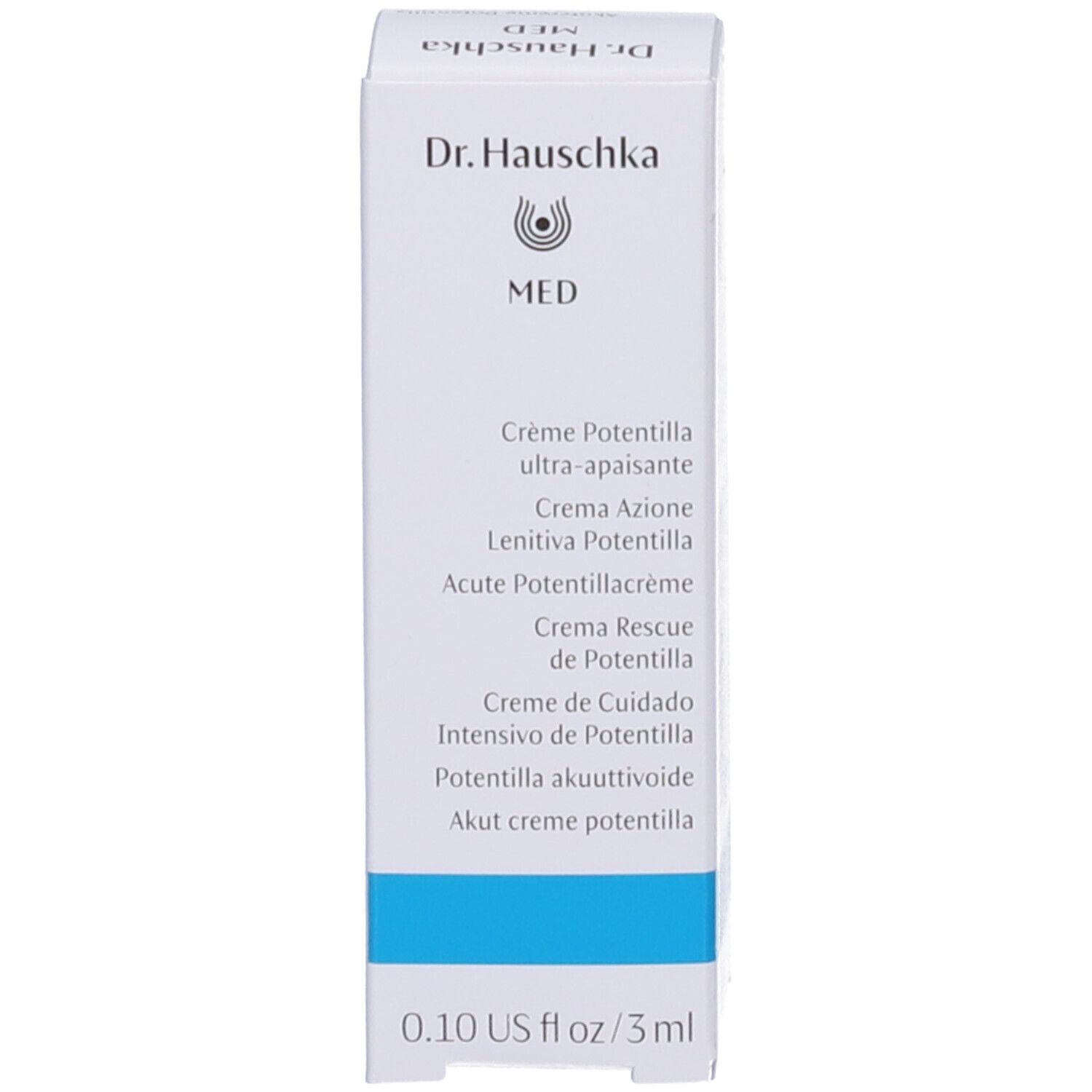 Lato della scatola. Scritte: Dr. Hauschka, MED, Crème Potentilla, Crema Azione Lenitiva, 0.10 US fl oz / 3 ml.