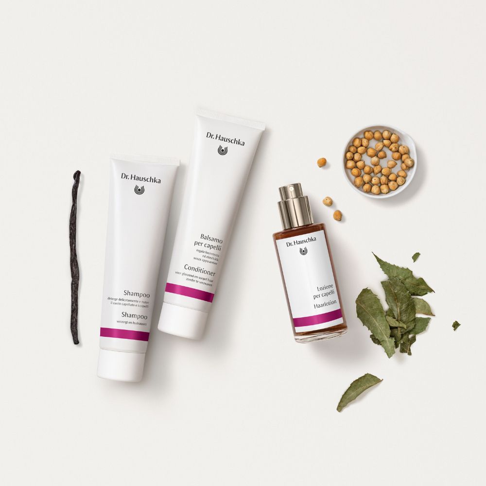 Tre prodotti: Shampoo, Balsamo, Cura dei capelli. Baccello di vaniglia, foglie e grani.