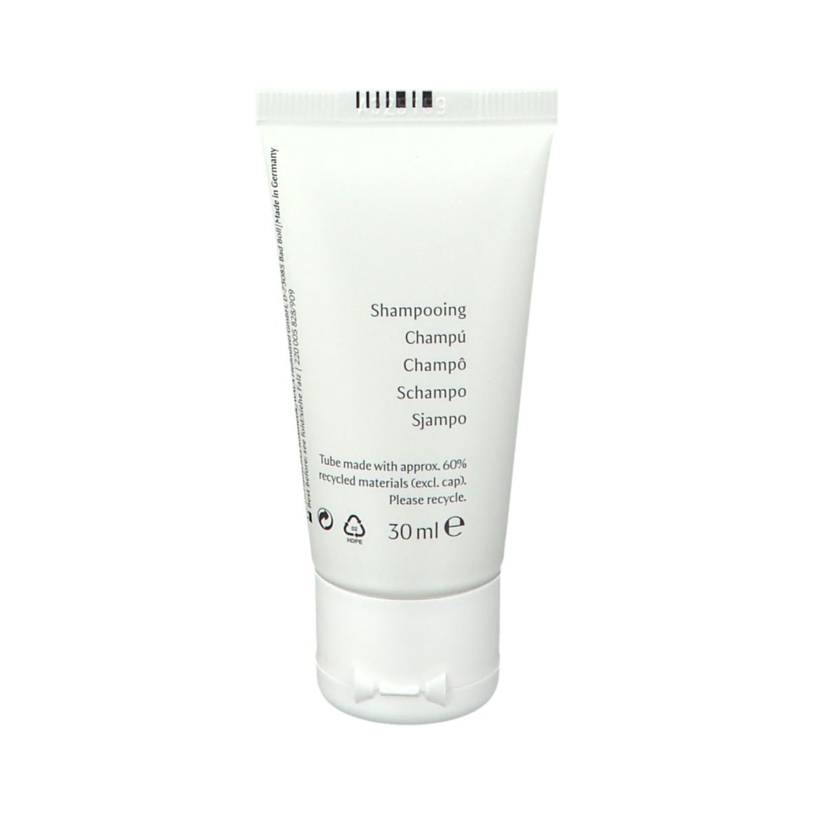 Tubo bianco con fascia viola. Scritta: Shampoo, 30 ml. Testo: Tubo realizzato con il 60% di materiali riciclati.