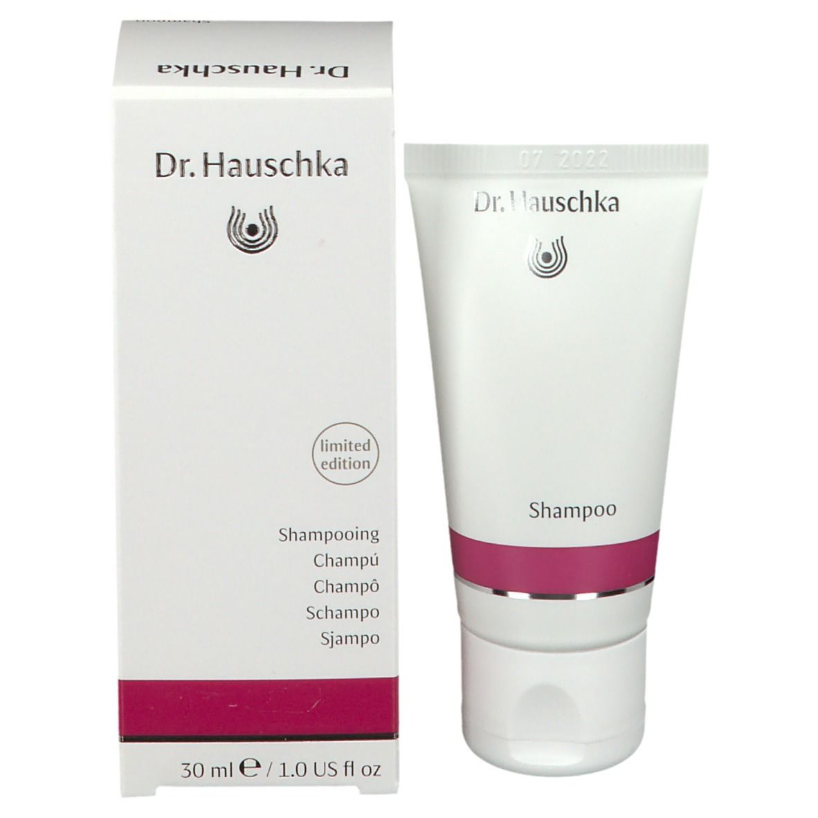 Scatola e tubo bianchi. Scritta: Dr. Hauschka, Shampoo, edizione limitata. 30 ml.