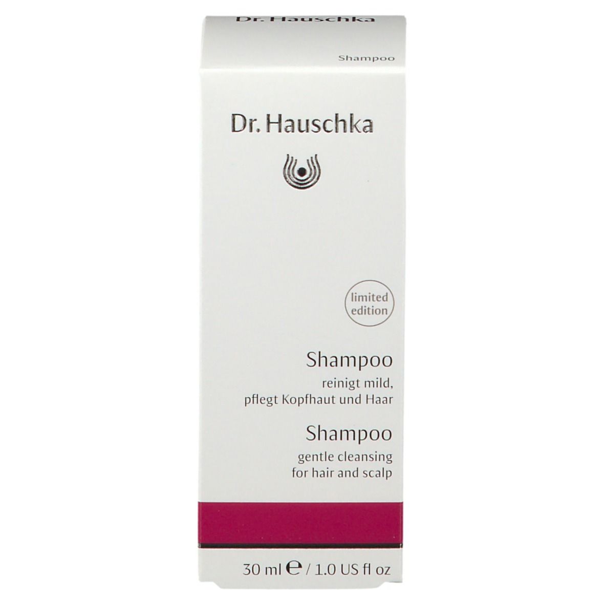 Scatola bianca. Scritta: Dr. Hauschka, Shampoo. Testo: deterge delicatamente, cura il cuoio capelluto e i capelli.