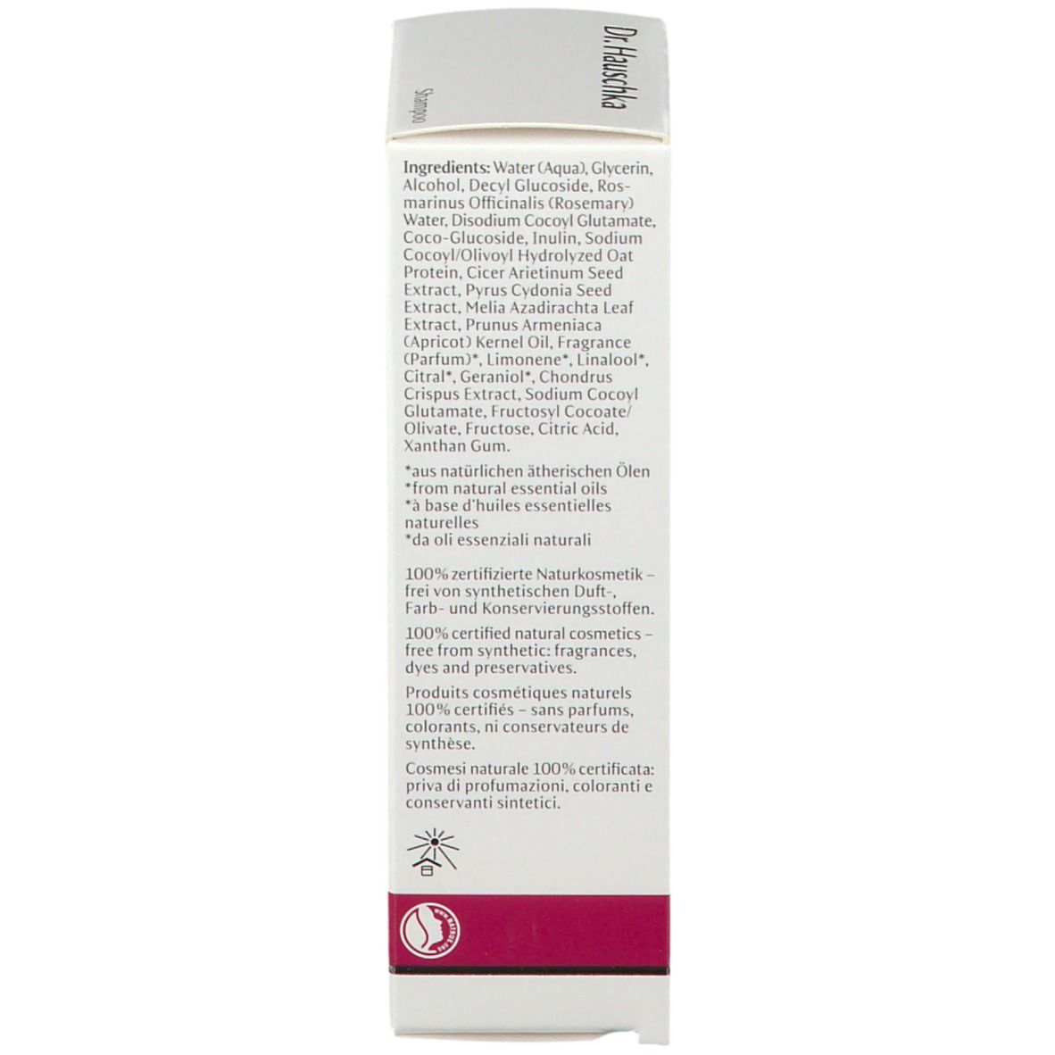 Scatola bianca. Scritta: Ingredienti, 100% cosmetici naturali certificati. Testo in tedesco.
