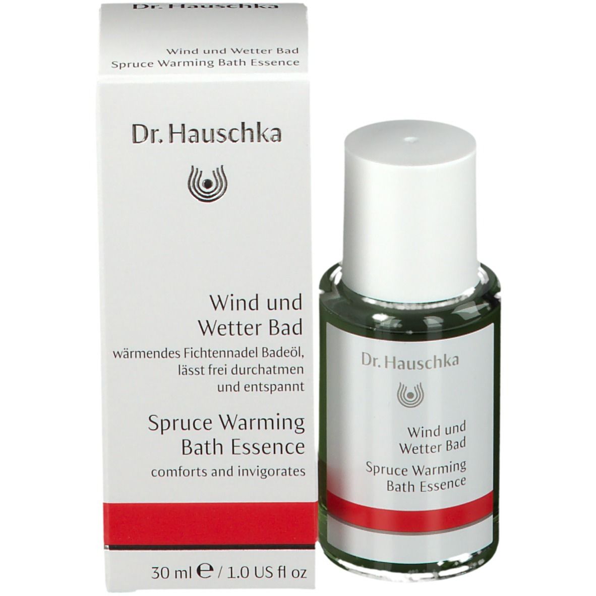 Flacone e confezione. Flacone: verde, tappo bianco. Confezione: bianca, rossa. Testo: Wind und Wetter Bad, Spruce Warming Bath Essence.