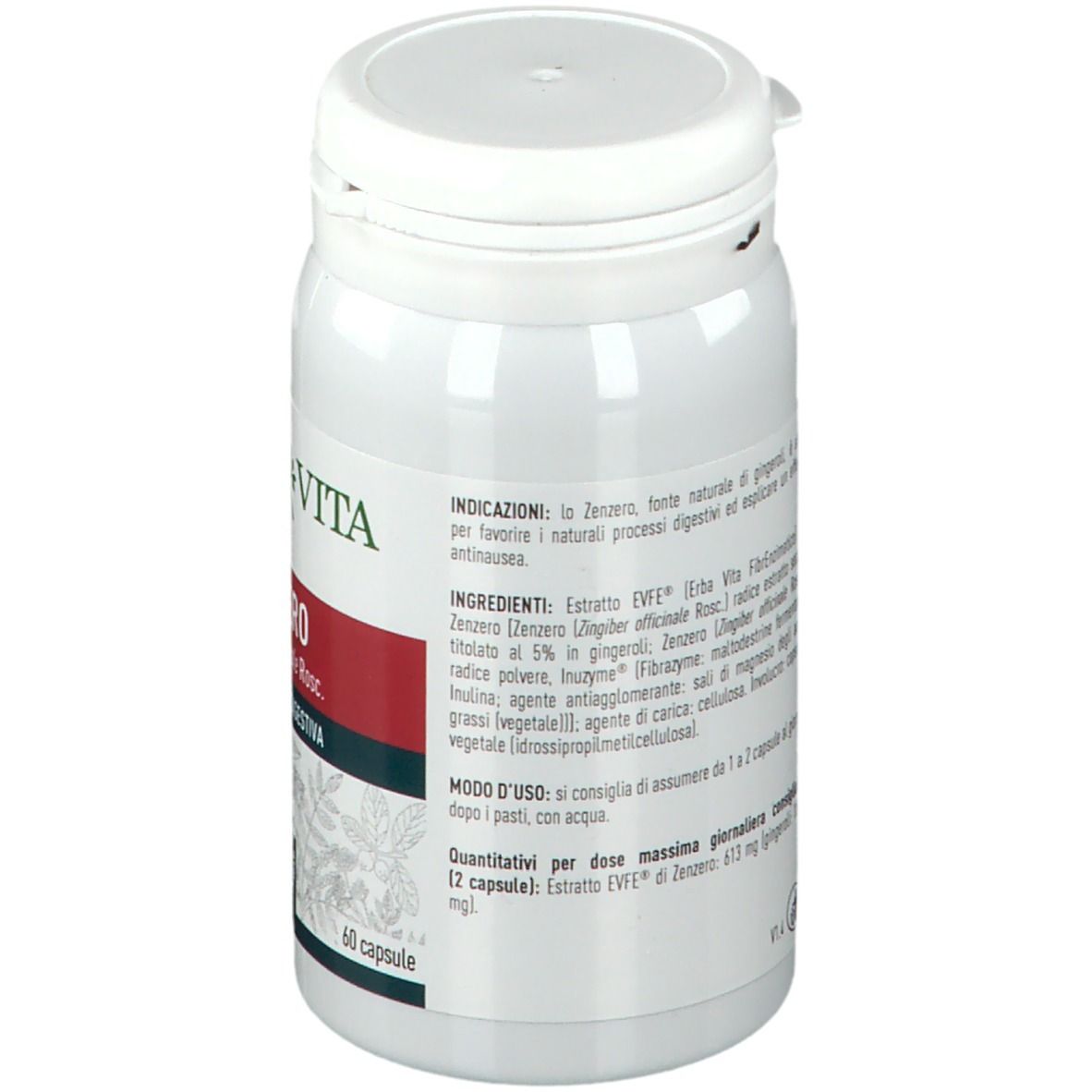 Flacone bianco con capsule. Scritta: ERBA VITA. Elenco ingredienti e istruzioni per l'uso.