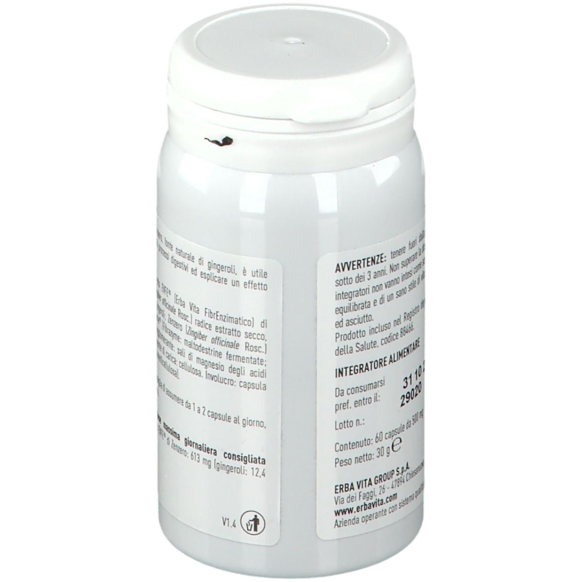 Flacone bianco con capsule. Scritta: ERBA VITA. Avvertenze e informazioni nutrizionali.