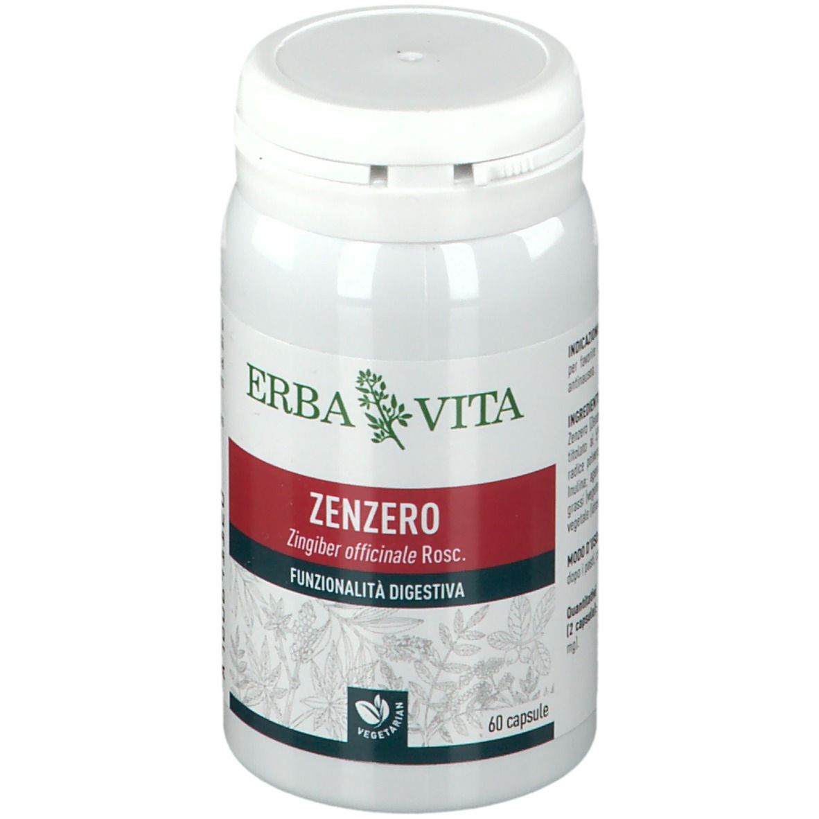 Flacone bianco con capsule. Scritta: ERBA VITA, Zenzero, 60 capsule. Vegetariano.