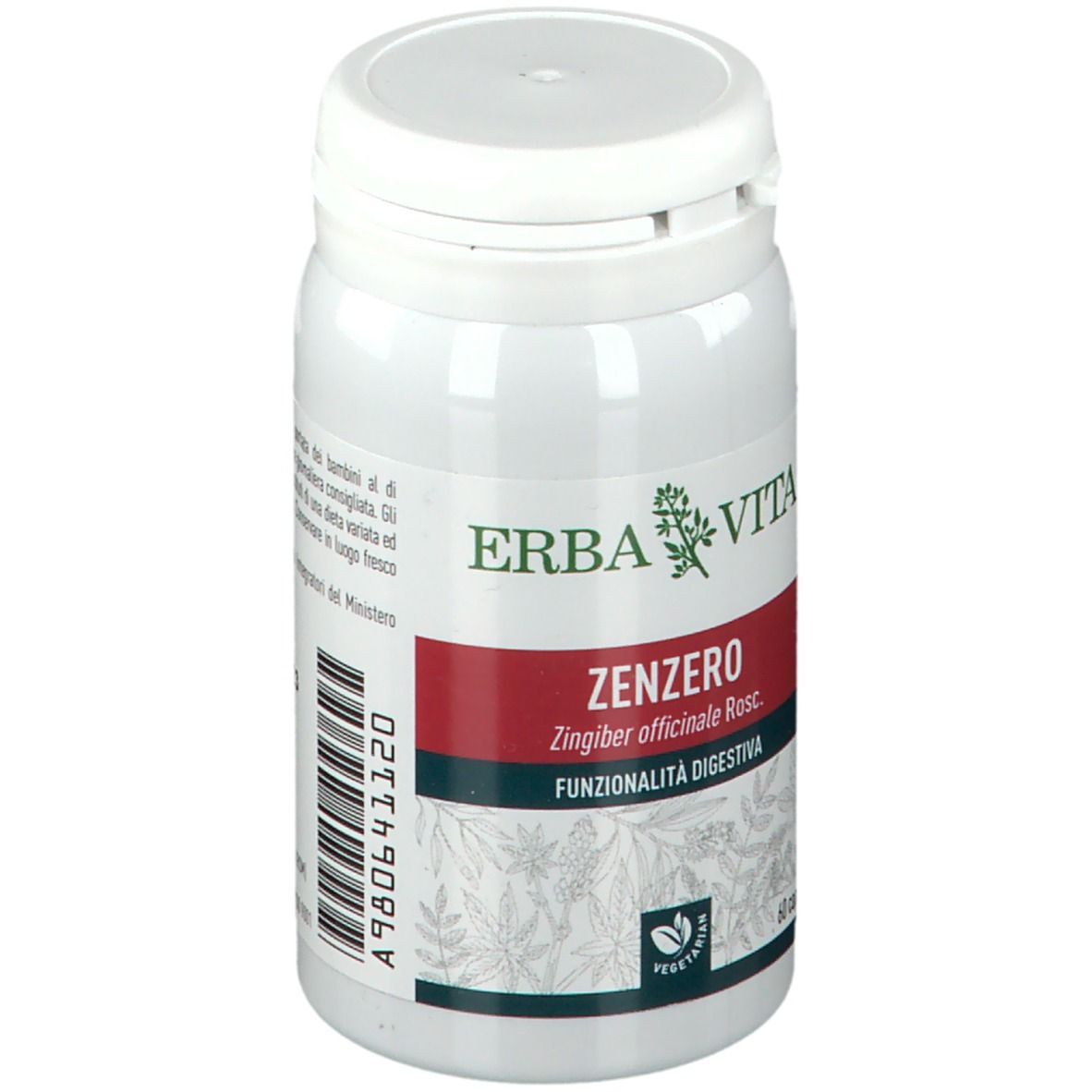 Flacone bianco con capsule. Scritta: ERBA VITA, Zenzero, 60 capsule. Vegetariano.