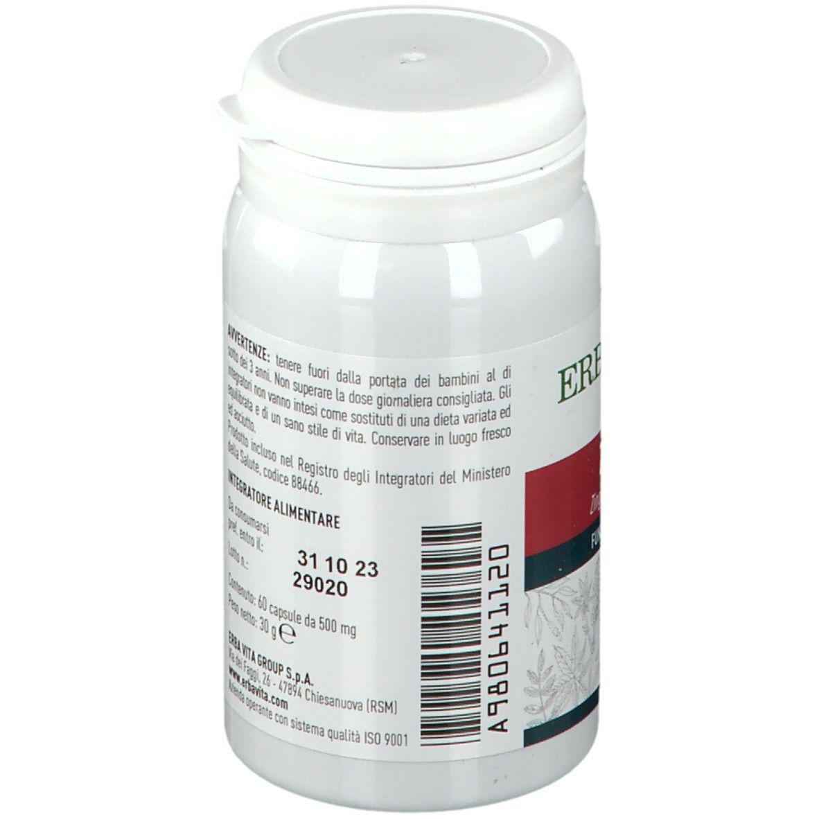 Flacone bianco con capsule. Scritta: ERBA VITA. Avvertenze, ingredienti, data di scadenza.