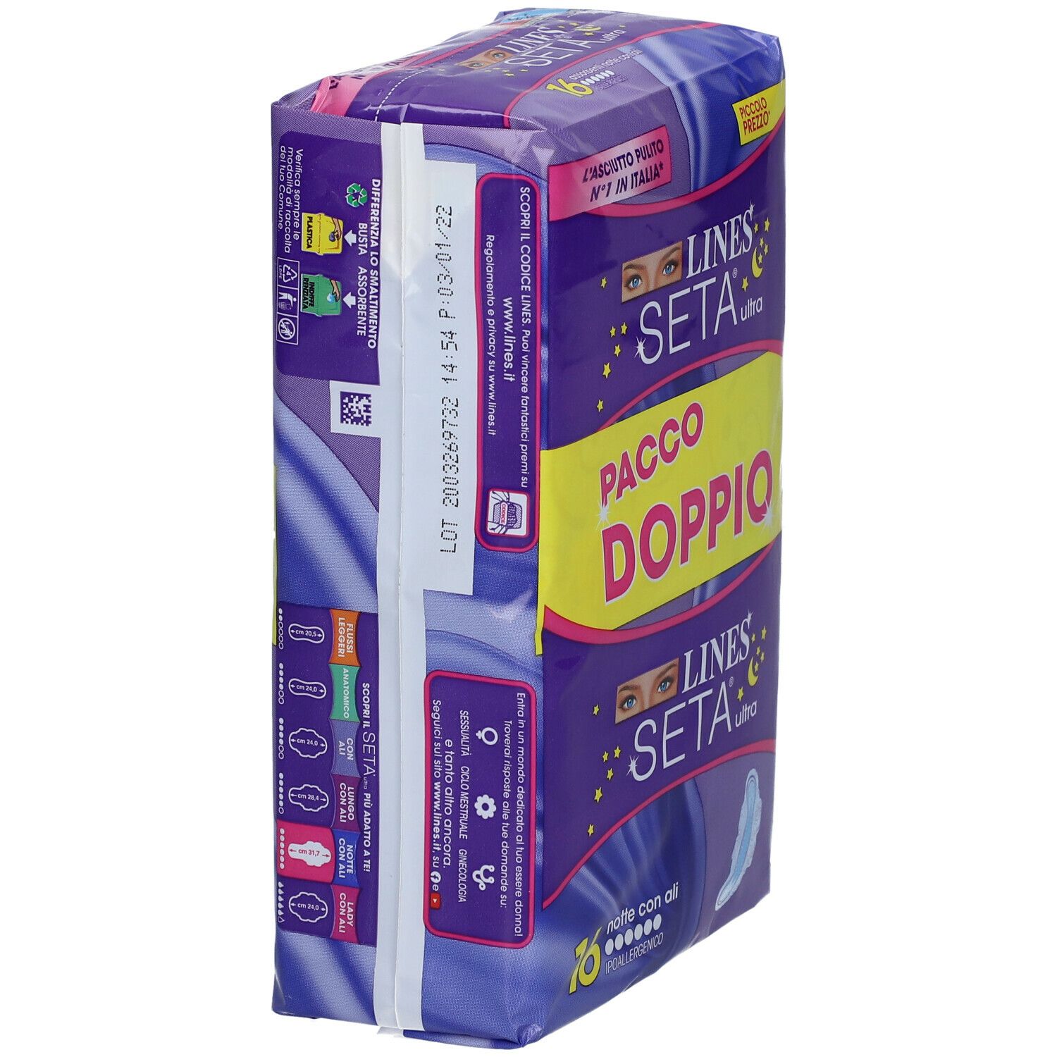Confezione di LINES Seta Ultra Notte con Ali. Confezione doppia. Vista laterale. 16 pezzi. Imballaggio viola.