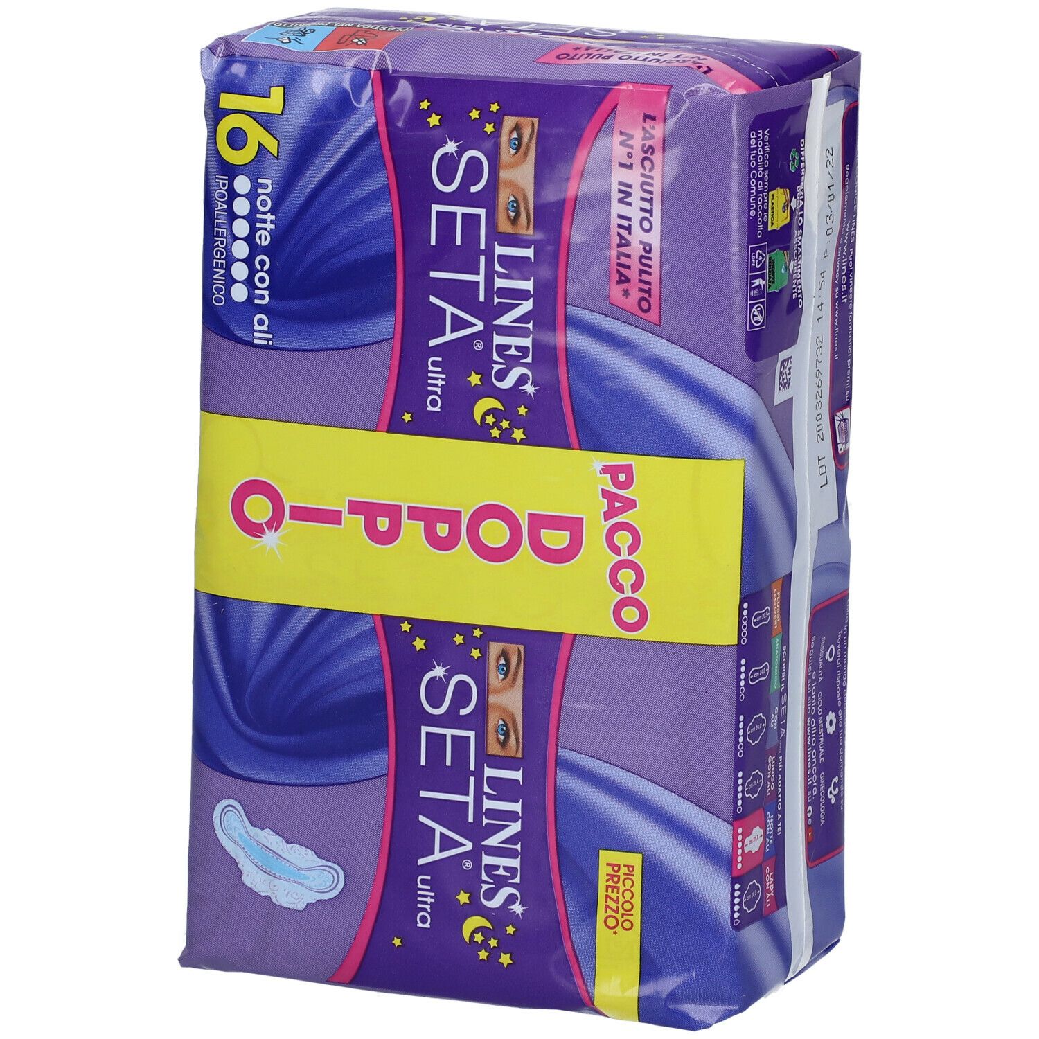 Confezione di LINES Seta Ultra Notte con Ali. Confezione doppia. 16 pezzi. Imballaggio viola e giallo.