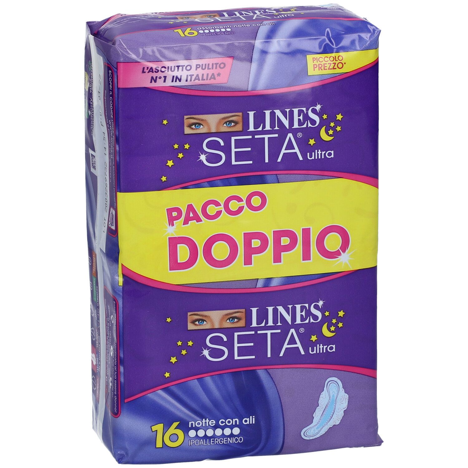 Confezione di LINES Seta Ultra Notte con Ali. Confezione doppia. 16 pezzi. Imballaggio viola e giallo.