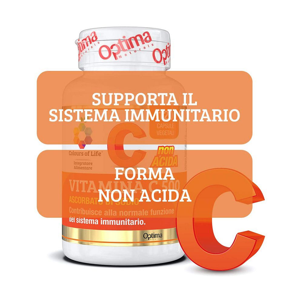 Flacone Vitamina C 500, non acida, supporta il sistema immunitario. 120 capsule vegetali.