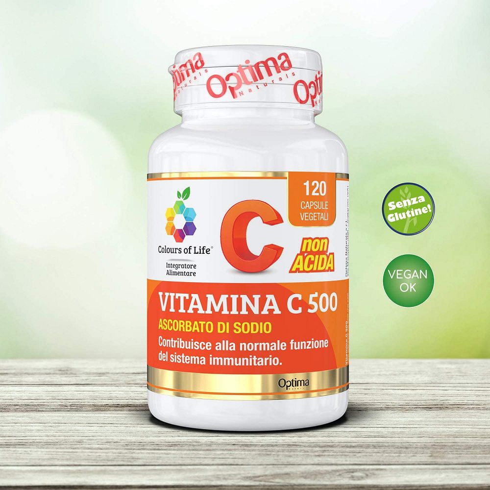 Flacone Vitamina C 500, non acida. Senza glutine, vegan. 120 capsule vegetali.