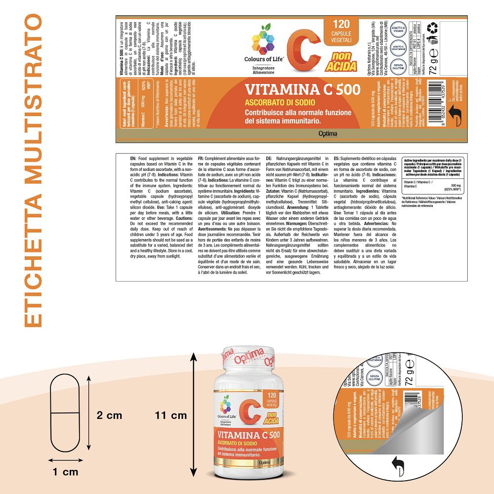 Etichetta con dettagli Vitamina C 500, 120 capsule. Misure: 11 cm altezza, capsula 2x1 cm.