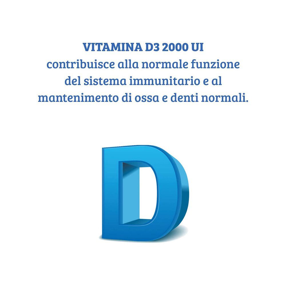 Lettera maiuscola "D" e testo sulla funzione della Vitamina D3 per sistema immunitario e ossa.