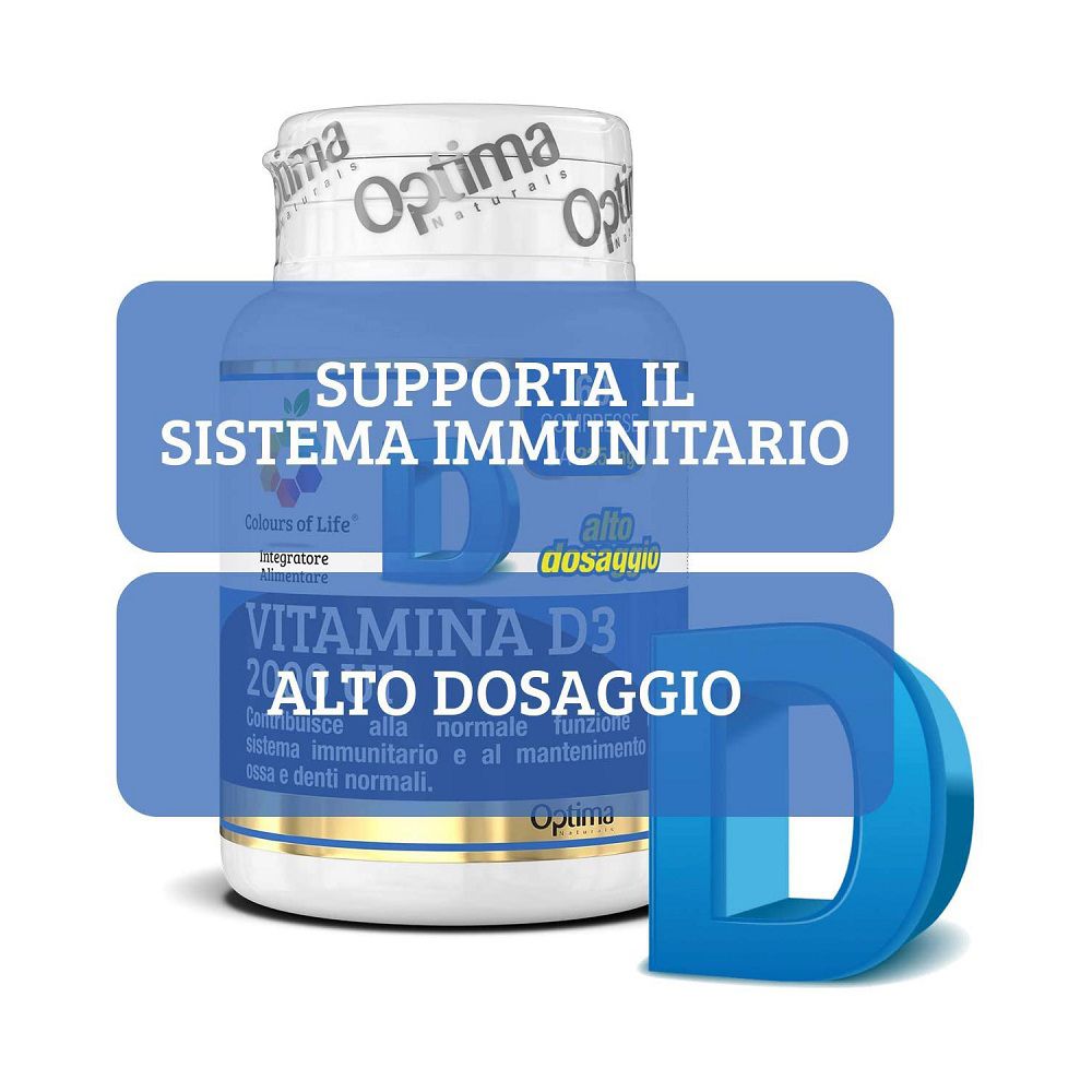 Flacone Vitamina D3 2000 UI con testo "Supporta il sistema immunitario".