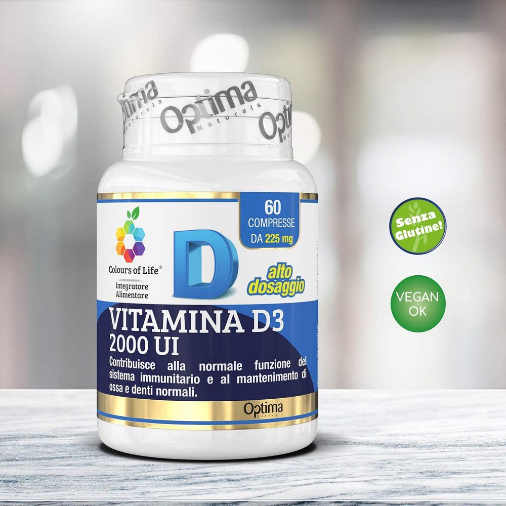 Flacone Vitamina D3 2000 UI, sigilli "Senza Glutine" e "Vegan OK".