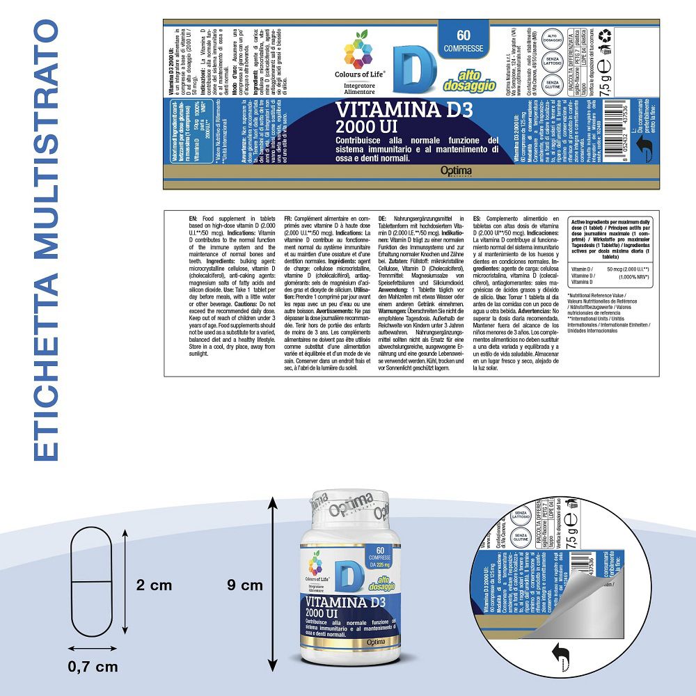 Etichetta con informazioni prodotto e dimensioni: compressa 2 cm x 0,7 cm, flacone 9 cm.