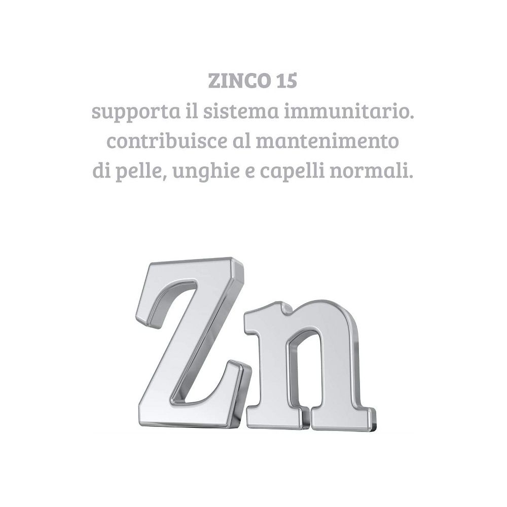 Simbolo dello zinco (Zn) e testo sui suoi benefici per il sistema immunitario e la pelle.