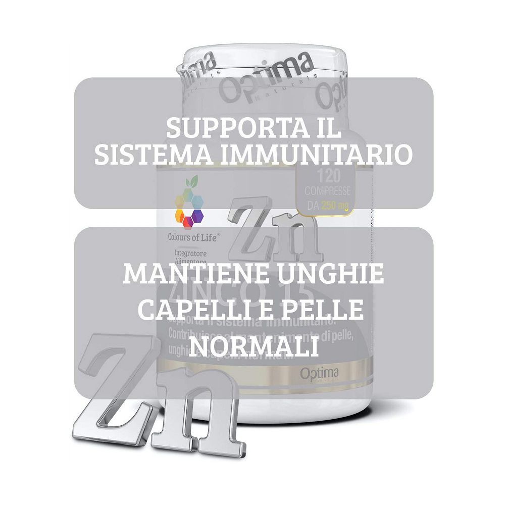 Flacone di Zinco 15 con testo sui benefici per sistema immunitario, unghie, capelli e pelle.