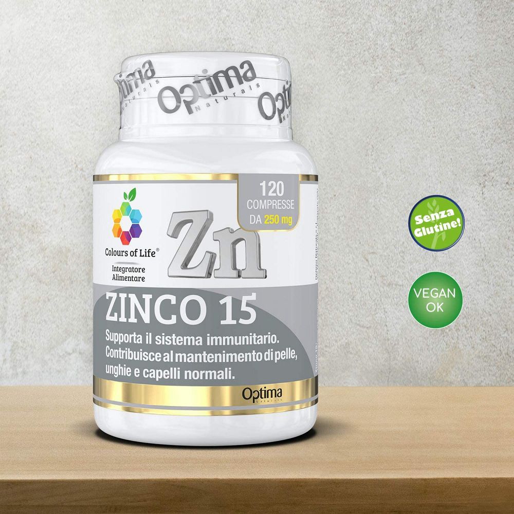 Flacone di Zinco 15 con sigilli 'Senza Glutine' e 'Vegano'.
