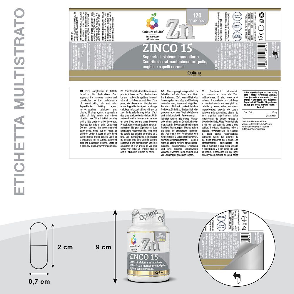 Dettagli della confezione e dimensioni di una compressa e di un flacone di Zinco 15.