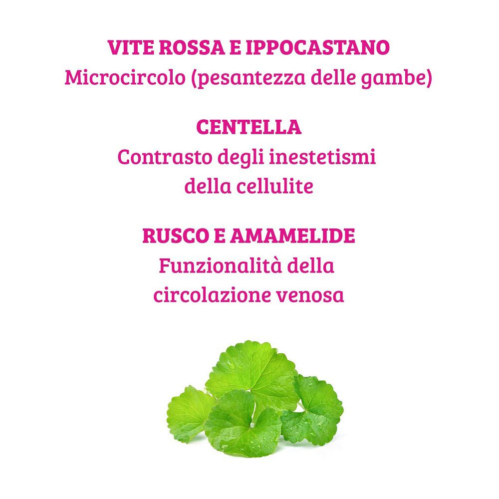 Ingredienti: Centella, vite rossa, ippocastano, rusco e amamelide per la cura delle gambe.