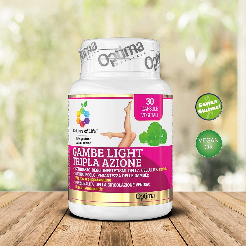 Flacone da 30 capsule vegetali, senza glutine e vegano. Colours of Life Gambe Light Tripla Azione.