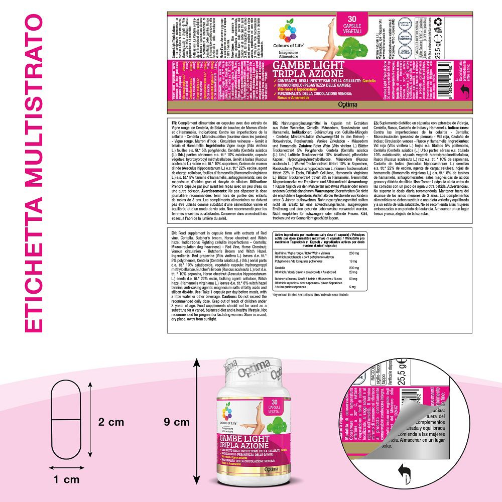 Etichetta con informazioni dettagliate su ingredienti e uso di Colours of Life Gambe Light Tripla Azione.