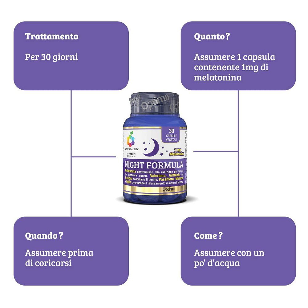 Flacone Optima "Night Formula": trattamento 30 giorni, 1mg melatonina per capsula, da assumere prima di coricarsi.