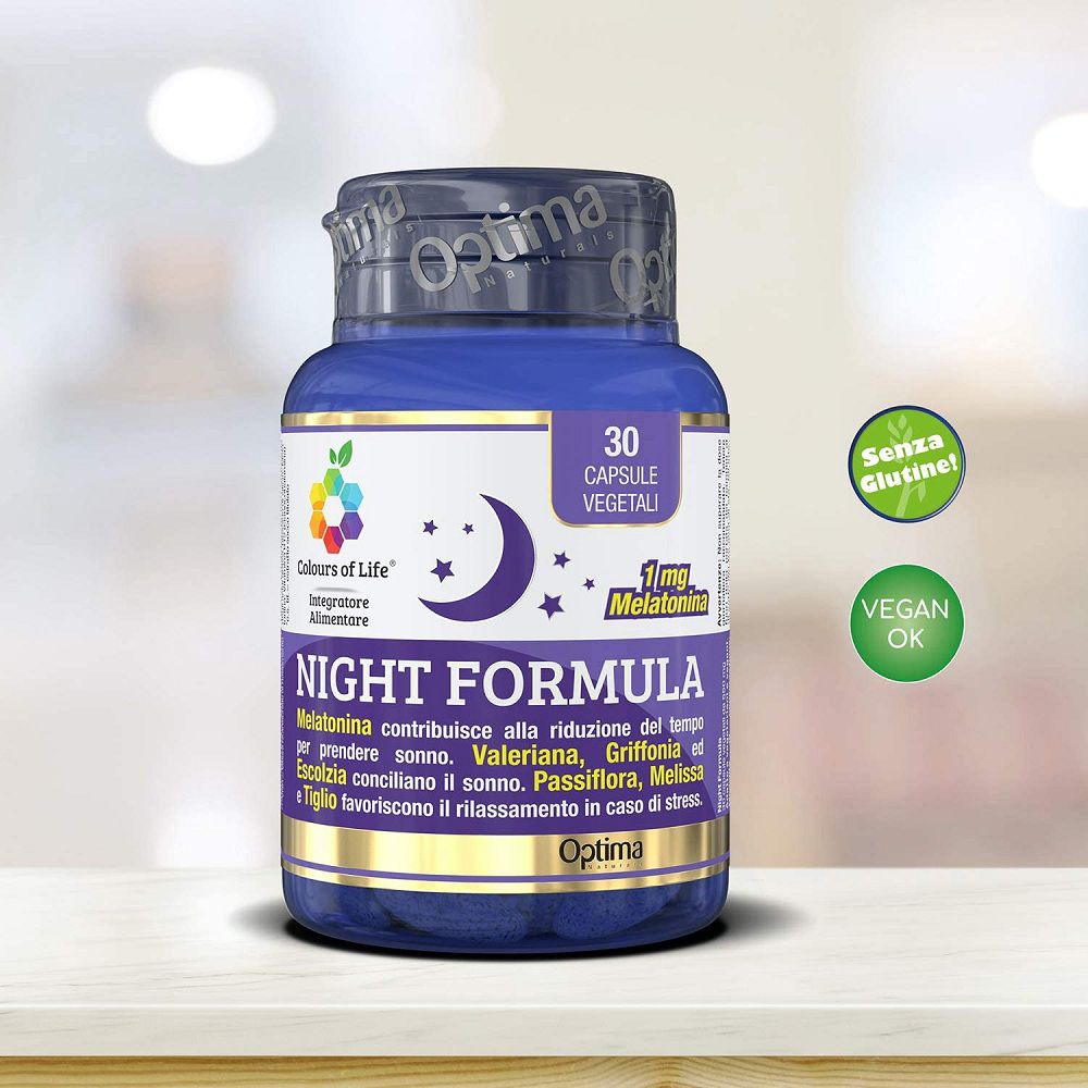 Flacone Optima "Night Formula", 30 capsule vegetali. Certificato senza glutine e vegan.