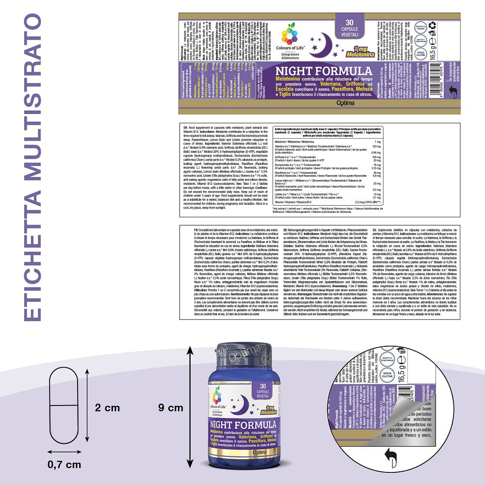 Etichetta con ingredienti e dosaggio per Optima "Night Formula" 30 capsule vegetali.