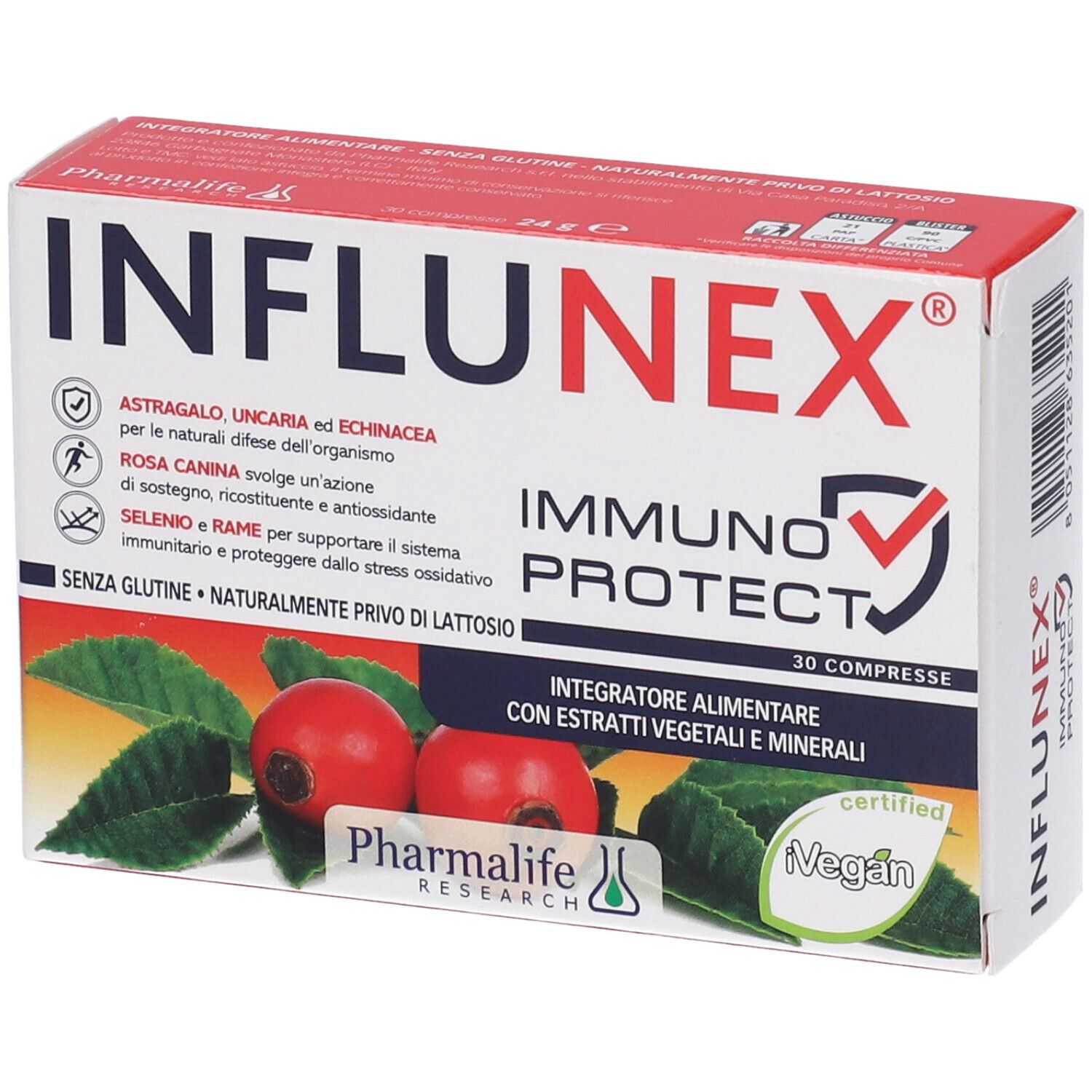 Confezione del prodotto con nome e logo. Contiene 30 compresse. Certificazione Vegan.