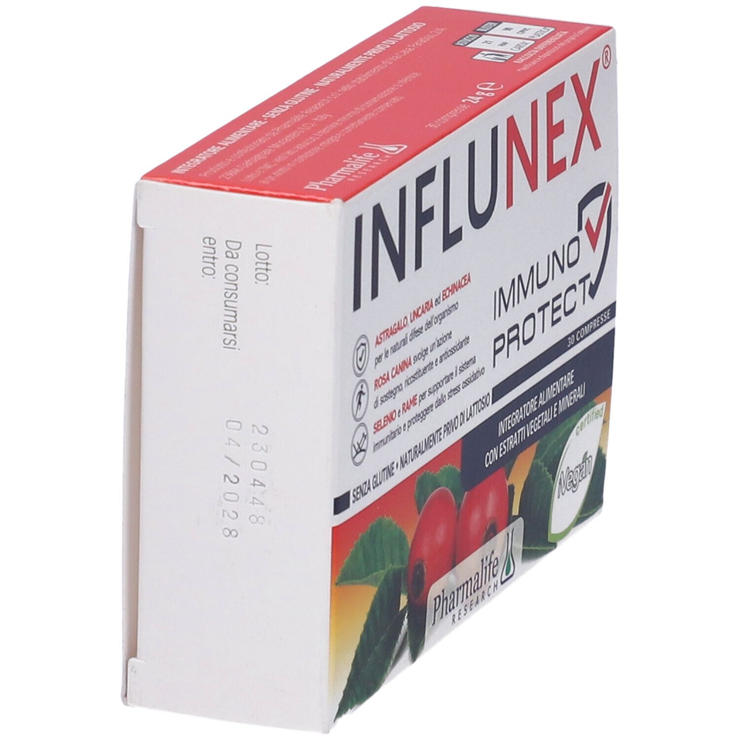 Confezione del prodotto, angolata. Nome e logo visibili. Contiene 30 compresse. Certificazione Vegan.