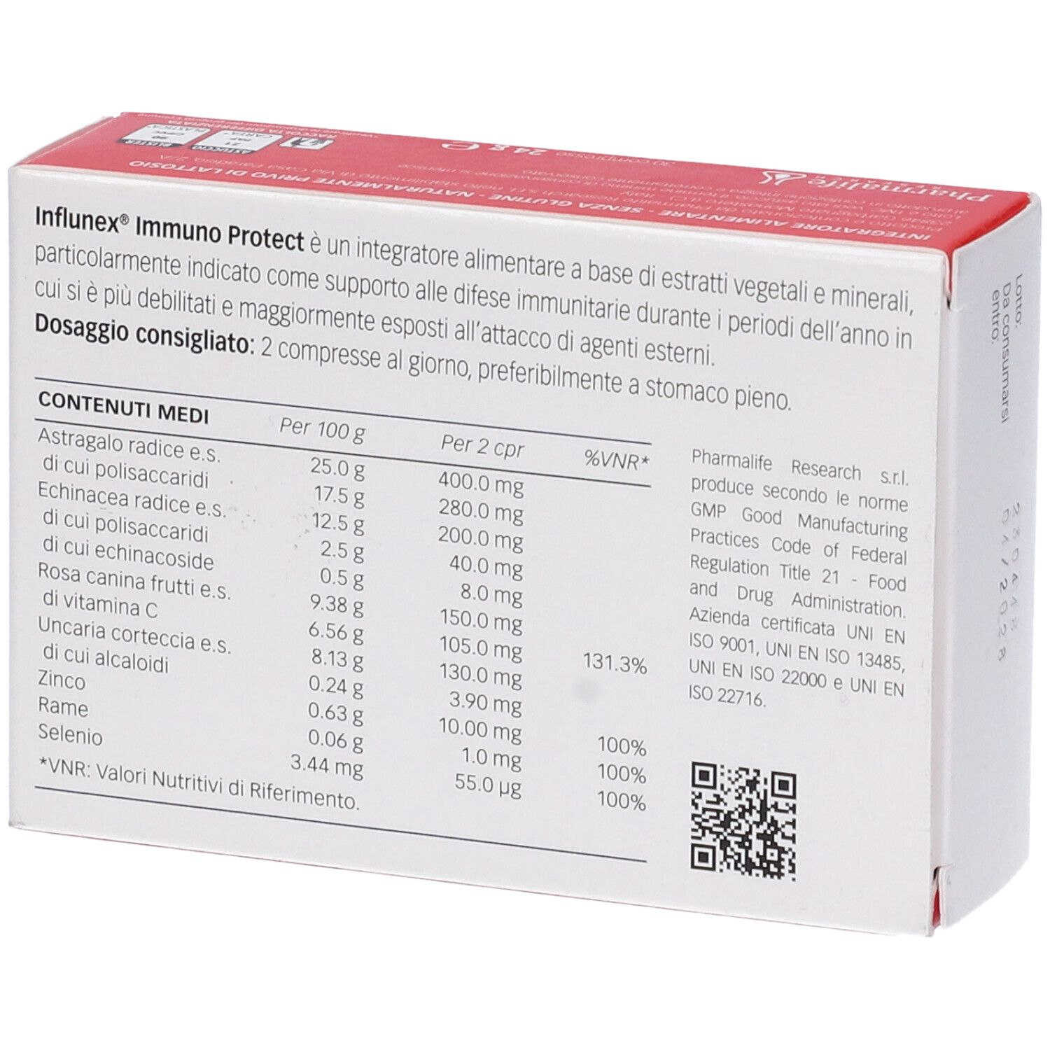 Retro della confezione del prodotto. Contiene informazioni nutrizionali e codice QR. Testo in italiano.