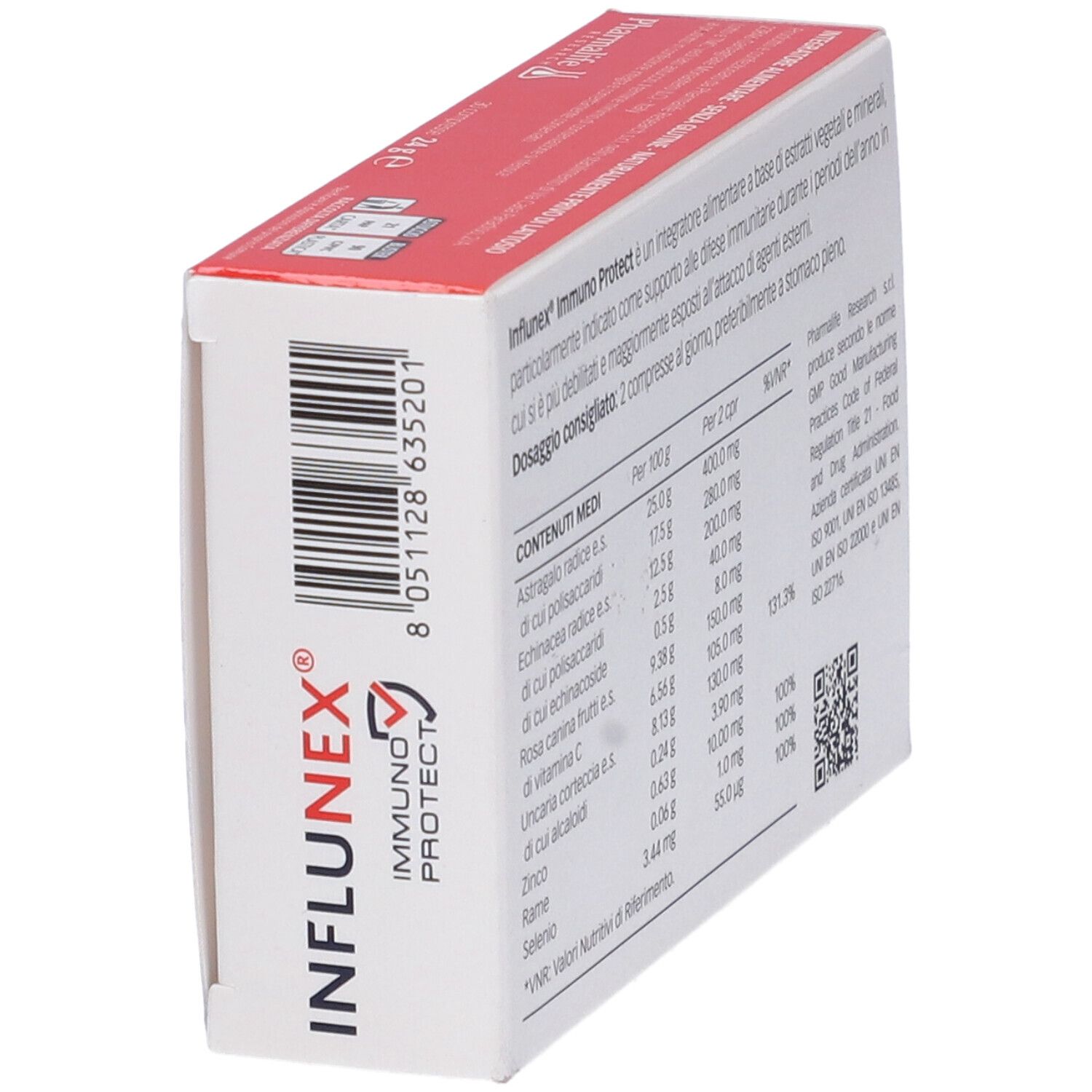 Confezione del prodotto, angolata. Retro con informazioni nutrizionali e codice QR. Testo in italiano.