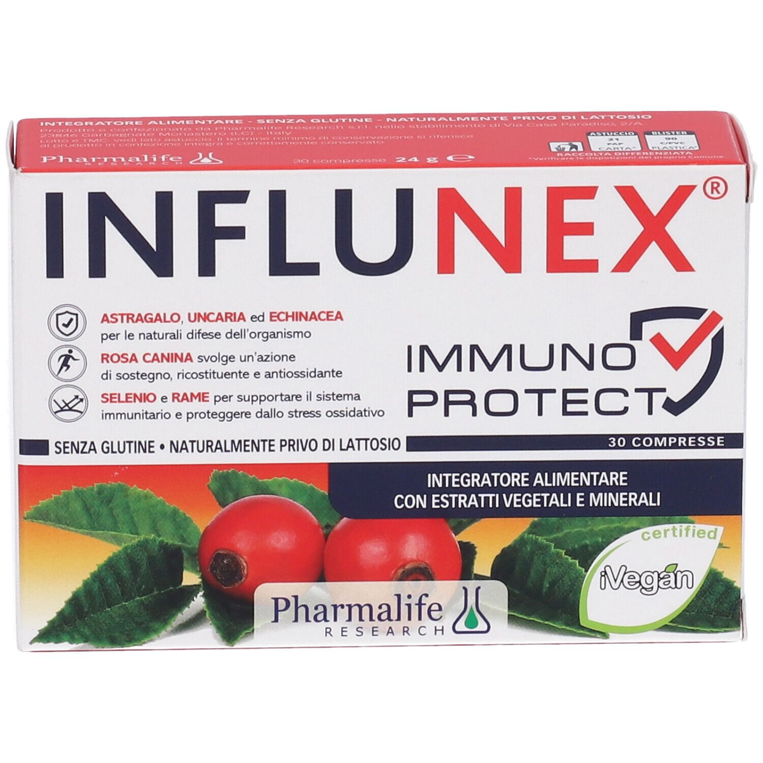 Confezione del prodotto con nome e logo. Contiene 30 compresse. Certificazione Vegan.