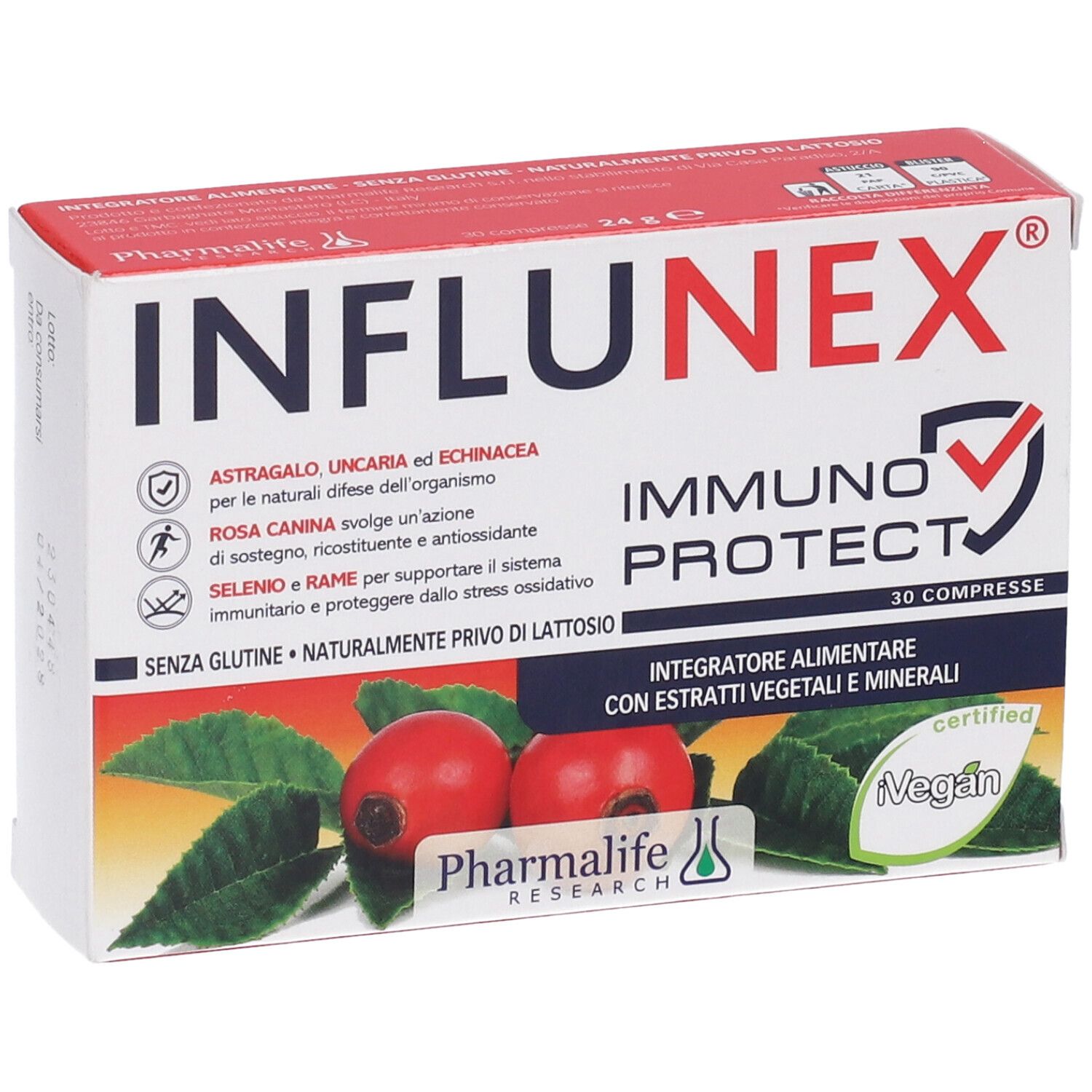 Confezione del prodotto con nome e logo. Contiene 30 compresse. Certificazione Vegan.