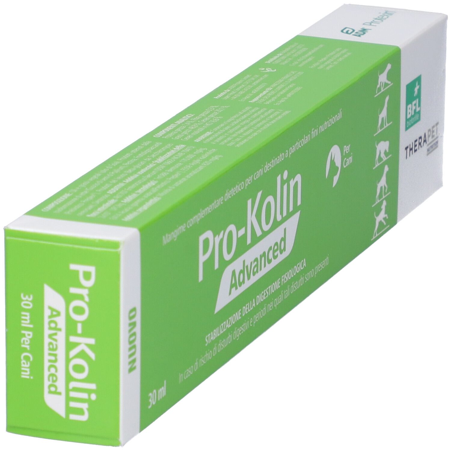 Scatola, verde e bianca, con nome e logo del prodotto. Testo: Pro-Kolin Advanced, 30 ml. BFL TheraPet.