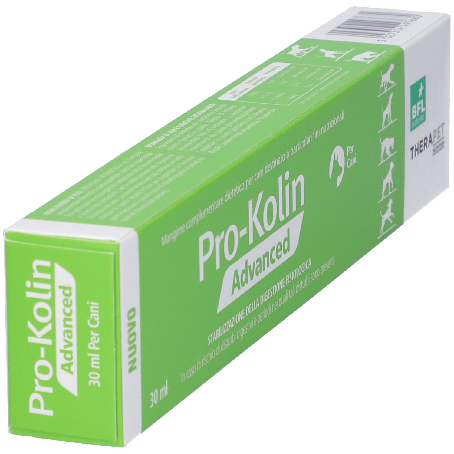 Scatola, verde e bianca, con nome e logo del prodotto. Testo: Pro-Kolin Advanced, 30 ml. BFL TheraPet.