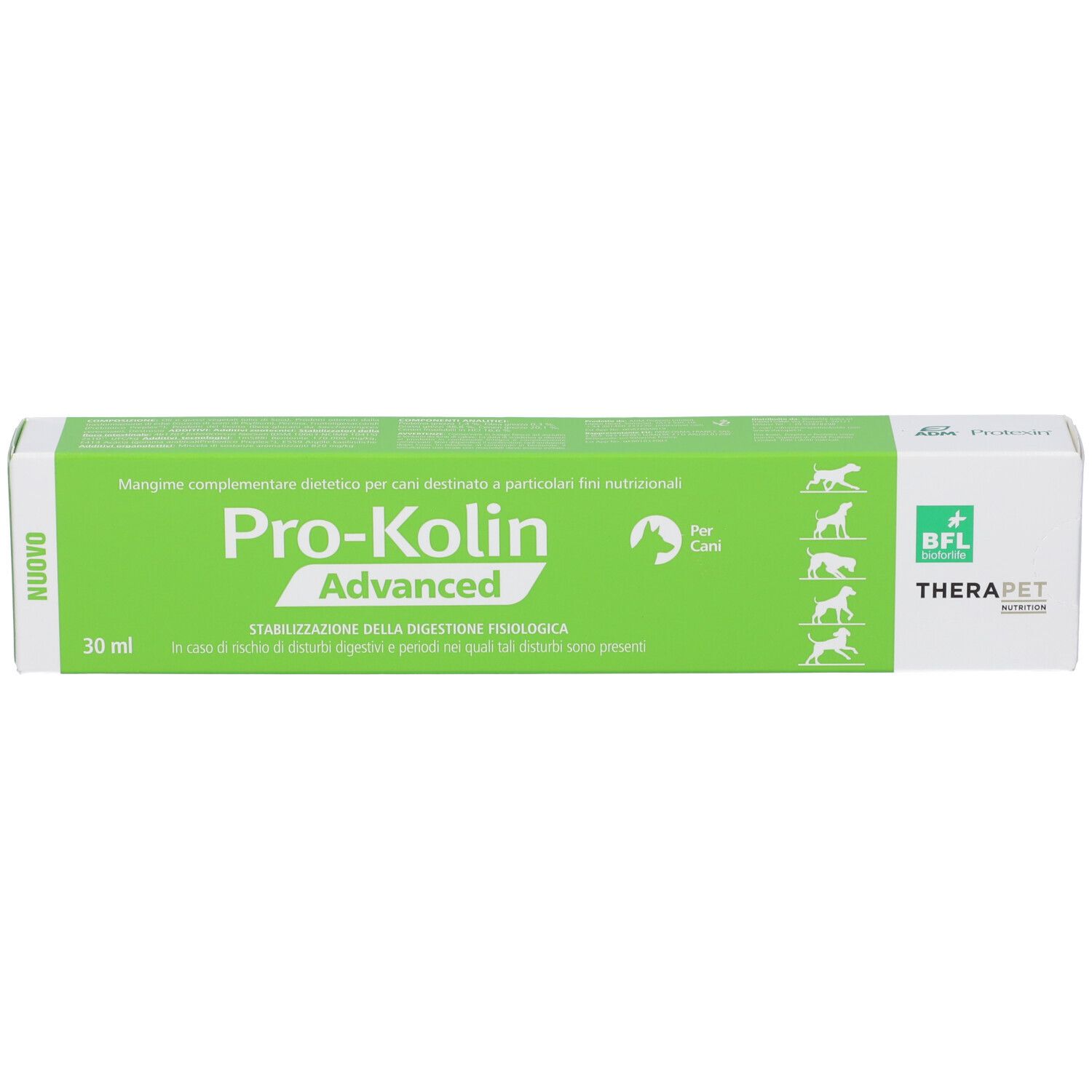 Scatola verde e bianca con nome e logo del prodotto. Testo: Pro-Kolin Advanced, 30 ml. BFL TheraPet.