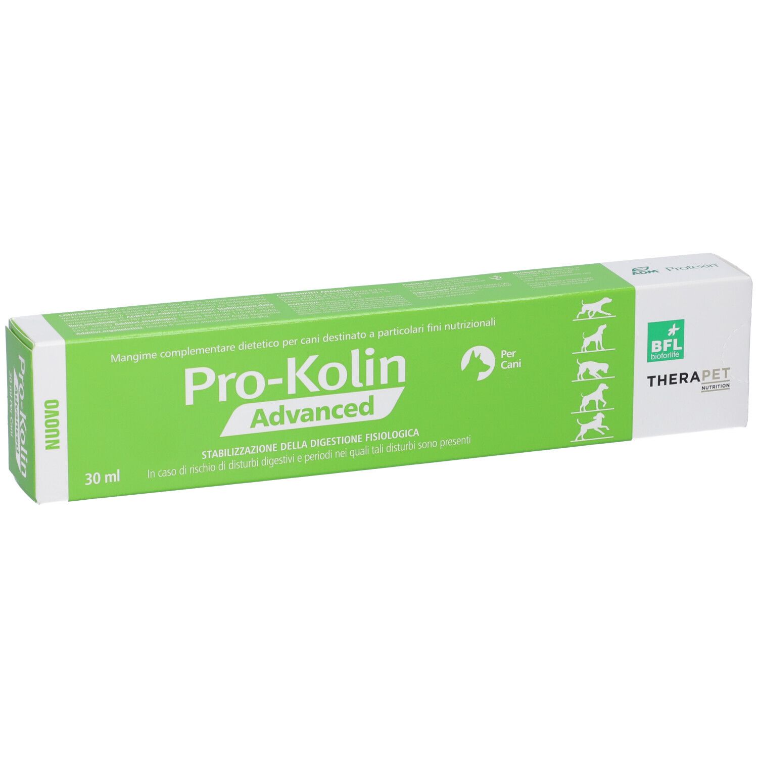 Scatola verde e bianca con nome e logo del prodotto. Testo: Pro-Kolin Advanced, 30 ml. BFL TheraPet.