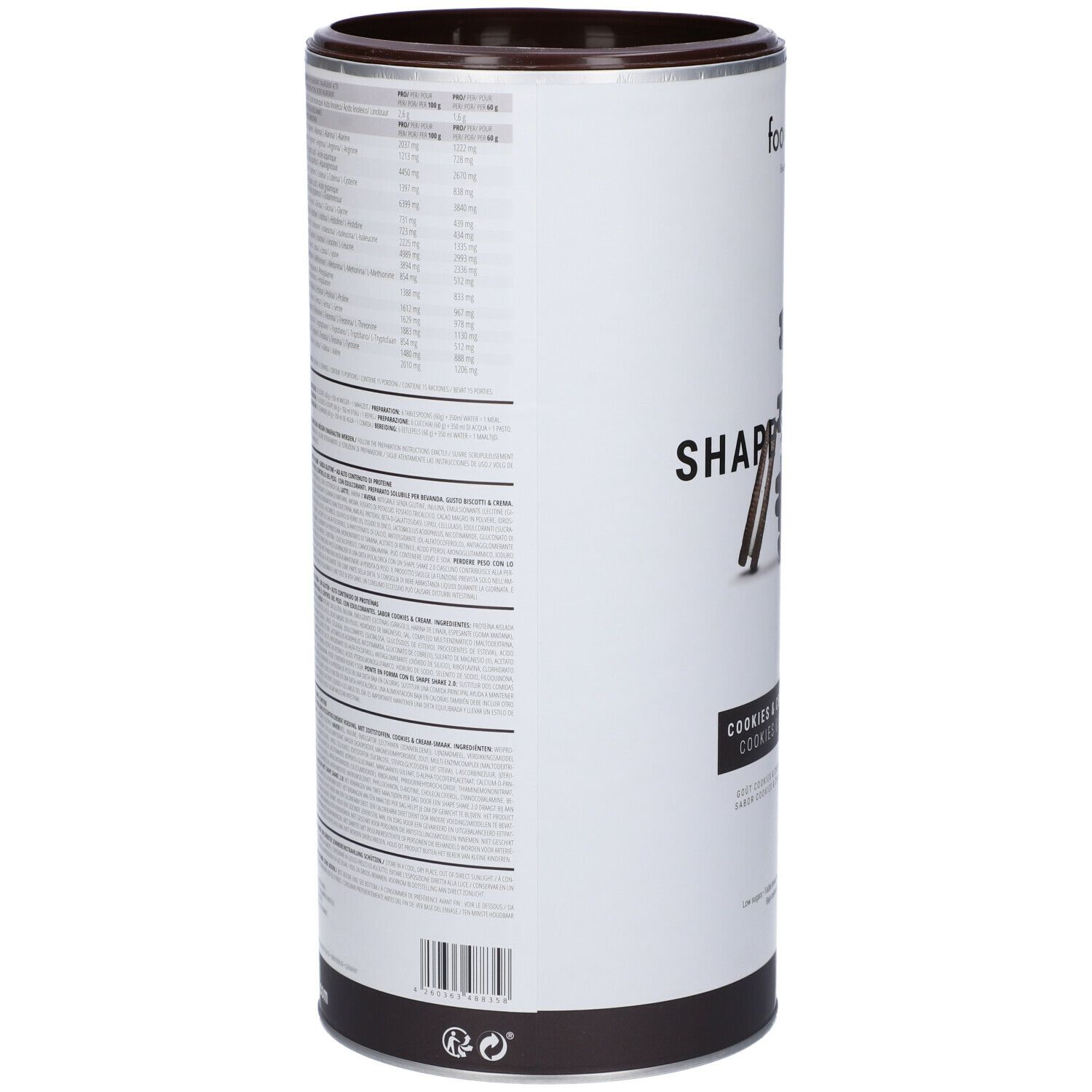 Barattolo cilindrico con informazioni nutrizionali. Foodspring Shape Shake 2.0. Scritta: Cookies & Cream.