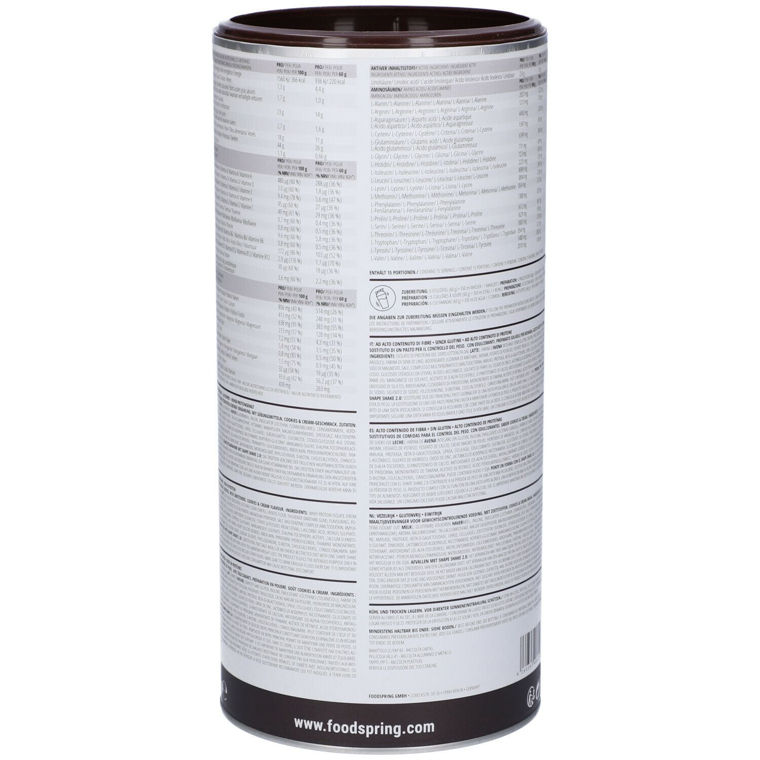 Barattolo cilindrico con informazioni nutrizionali. Foodspring Shape Shake 2.0. Scritta: Cookies & Cream. Indirizzo del sito web.