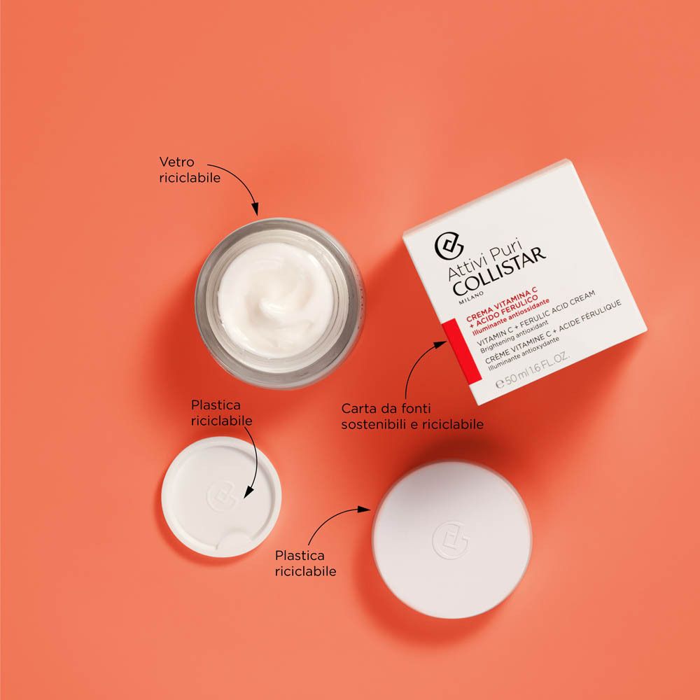 Vista dall'alto di vasetto, coperchio e confezione. Scritta: Collistar, Attivi Puri, Vitamina C + Acido Ferulico. Indicazioni di riciclo.