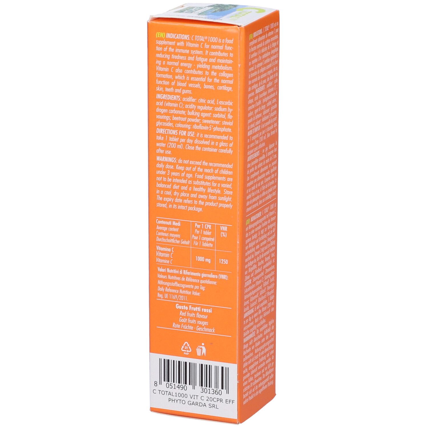 Scatola arancione con testo e informazioni. Contiene C TOTAL 1000 Vitamina C.
