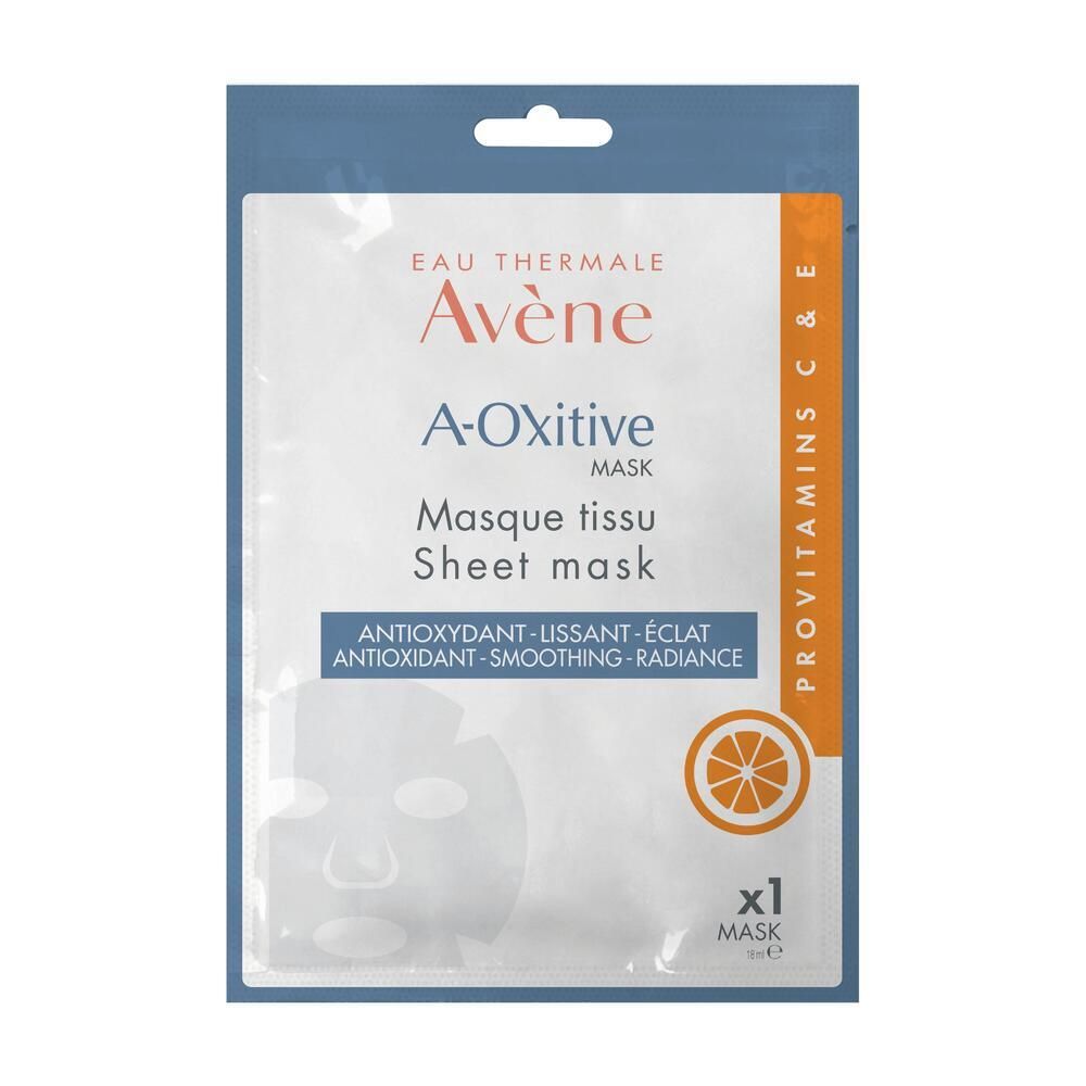 Confezione maschera in tessuto Avène A-Oxitive. Fronte con nome prodotto, testo e illustrazione arancione. Confezione singola.